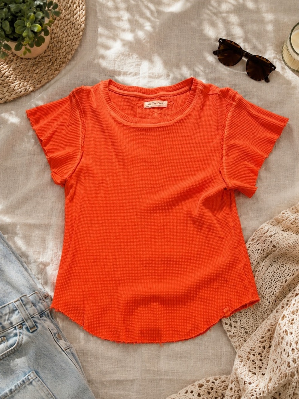 We The Free Bright Orange Waffle Knit Raw Hem Tee | Free People Boho Top Large